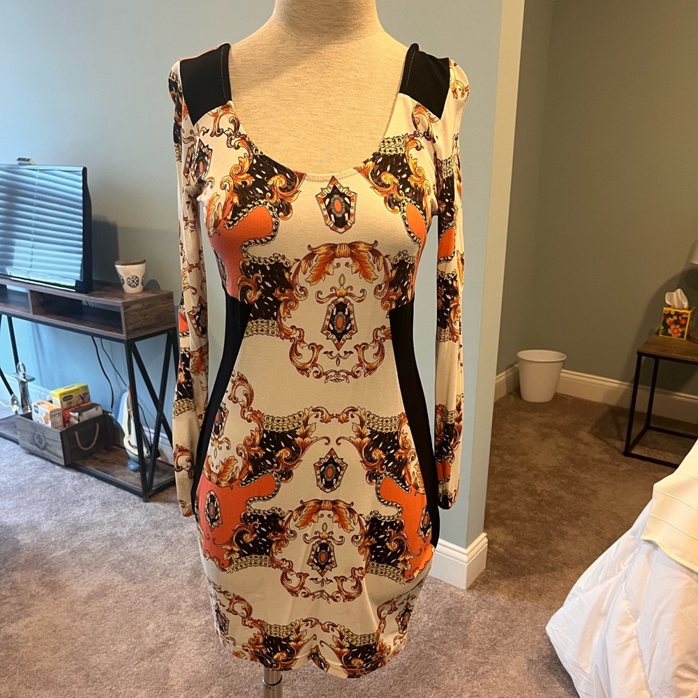 VENUS Orange and Black Bodycon Dress with Bishop Sleeves